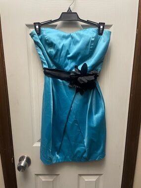 Trixxi Strapless Satin Mini Dress in Turquoise with Black Belt Flower
